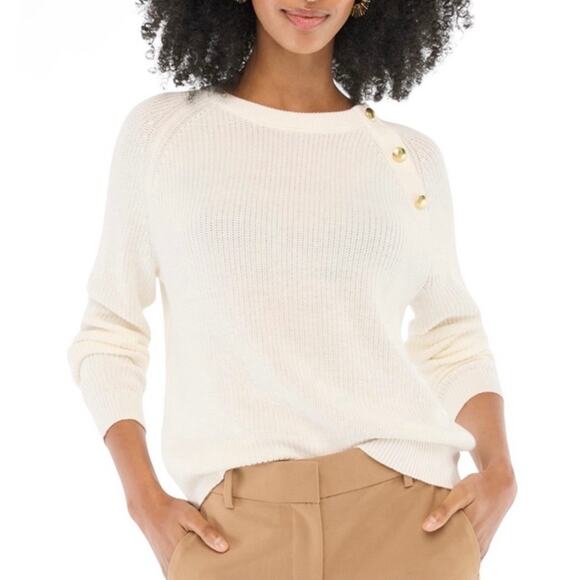 J.Crew Sweaters - J.Crew Ivory Cotton Knit Gold Button Shoulder Crew Neck Sweater Women’s Size 2X